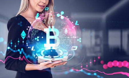 Téléchargez les photos : Businesswoman with table in hands, bitcoin and earth hologram, cryptocurrency data and candlesticks. Concept of internet banking and financial communication - en image libre de droit