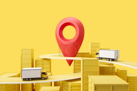 Delivery van and big city with geotag, online tracking and shipping service on yellow background. Concept of trucking. 3D rendering