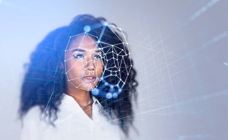 Téléchargez les photos : Black businesswoman portrait and digital biometric scanning. Face detection and recognition. Concept of face id and machine learning. - en image libre de droit