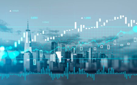 Photo for Stock market changes, forex diagrams with bar chart and numbers. Double exposure with New York skyline, Manhattan. Concept of trading and analysis - Royalty Free Image