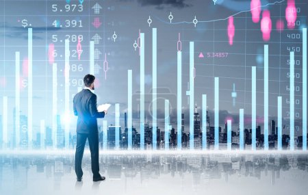 Photo for Businessman full length with papers in hands, back view. Panoramic New York skyline, forex financial chart with candlesticks and numbers, double exposure. Concept of financial analysis - Royalty Free Image