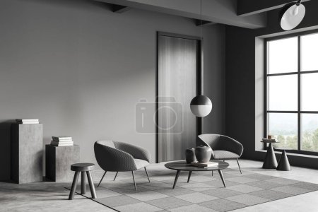 Téléchargez les photos : Dark living room interior with two armchairs, coffee table with decoration, side view, panoramic window on countryside. Mockup empty grey wall, 3D rendering - en image libre de droit