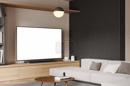 Foto de Salón interior con sofá y mesa de centro, vista lateral, armario con tv, alfombra en suelo de madera. Simular pantalla de televisión en blanco. Renderizado 3D - Imagen libre de derechos