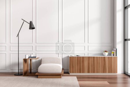 Téléchargez les photos : White living room interior with soft armchair, carpet on hardwood floor. Sideboard with decoration near panoramic window. Relaxing area. Empty wall. 3D rendering - en image libre de droit