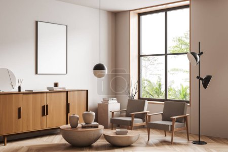 Photo for Beige living room interior two armchairs and wooden cabinet with decoration, side view, panoramic window on tropics, hardwood floor. Mock up blank poster. 3D rendering - Royalty Free Image