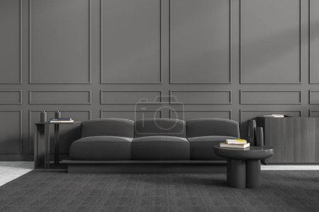 Photo for Dark living room interior with sofa, coffee table on carpet, stand and black wooden drawer with decoration. Modern chill zone in luxury apartment. Empty molding wall, 3D rendering - Royalty Free Image