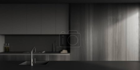 Téléchargez les photos : Comptoir sombre avec évier sur fond de cuisine intérieure en bois noir avec espace de cuisson. Espace de copie de maquette pour l'affichage du produit. rendu 3D - en image libre de droit