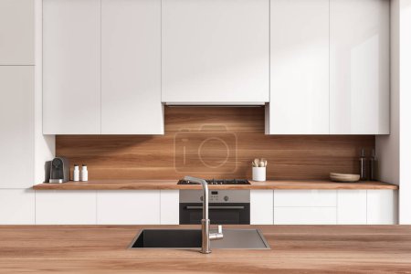 Foto de Interior de la cocina blanca con isla bar, vista frontal, fregadero y estufa. Utensilios de cocina y platos en cubierta. Renderizado 3D - Imagen libre de derechos