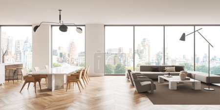 Foto de Estudio interior del apartamento con espacio para relajarse, sofá y mesa de comedor con sillas. Espacio abierto, ventana panorámica de Nueva York. Renderizado 3D - Imagen libre de derechos