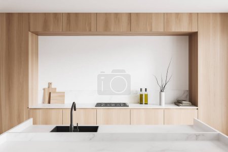 Photo for Wooden kitchen interior with marble bar island, front view, sink and stove. Kitchenware, oil bottle and decoration on deck. 3D rendering - Royalty Free Image