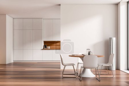 Téléchargez les photos : Stylish kitchen interior with dining table and chairs, front view, cooking space with shelf, hardwood floor. Mockup empty wall. 3D rendering - en image libre de droit