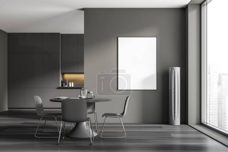 Photo for Modern kitchen interior with dining table and chairs, front view, eating space with panoramic window on city view, dark hardwood floor. Mockup copy space canvas. 3D rendering - Royalty Free Image
