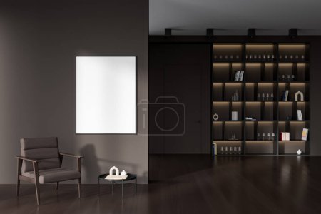 Photo for Dark living room interior with armchair and coffee table, hardwood floor. Chill space and mockup posteron brown wall. 3D rendering - Royalty Free Image