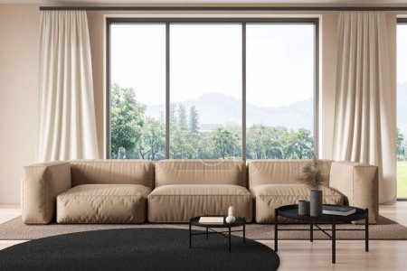 Téléchargez les photos : Beige relax area interior with sofa, coffee table on carpet, hardwood floor. Panoramic window on countryside view. Stylish chill zone. 3D rendering - en image libre de droit