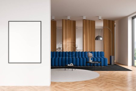 Photo for White studio interior with sofa and coffee table on carpet. Kitchen with appliances behind partition, window and hardwood floor. Mockup copy space canvas. 3D rendering - Royalty Free Image