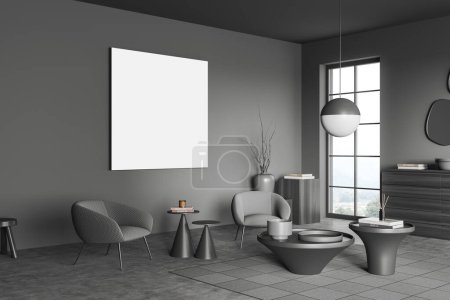 Foto de Interior de la sala de estar gris oscuro, dos sillones y mesa de centro, aparador con decoración, alfombra en suelo de hormigón. Prepara un póster en blanco. Renderizado 3D - Imagen libre de derechos