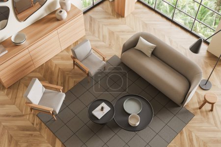 Photo for Top view of living room interior with sofa and two armchairs, coffee table and shelf with decoration, hardwood floor. Panoramic window on tropics. 3D rendering - Royalty Free Image