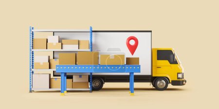 Téléchargez les photos : Truck and shelf with cardboard boxes, conveyor and red location pin, yellow background. Concept of delivery and logistics. Mockup copy space. 3D rendering - en image libre de droit