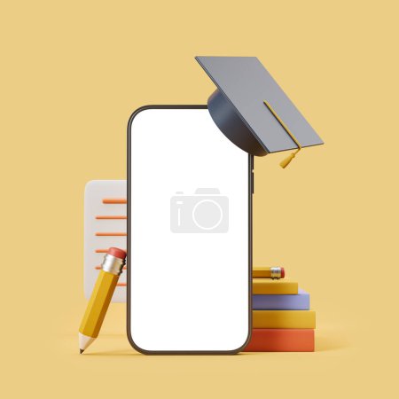 Photo for Phone blank display, books and pencil, notes and research. Graduation cap on light yellow background. Concept of online education. 3D rendering - Royalty Free Image