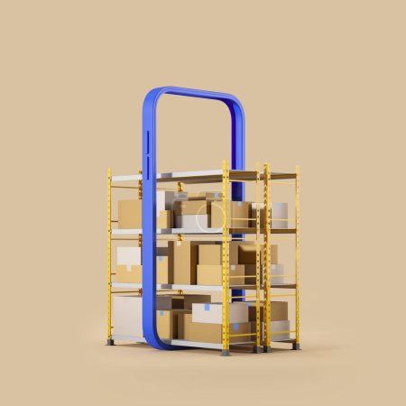 Téléchargez les photos : Mobile phone and rack with cardboard boxes, online control and storage of parcels on beige background. Concept of warehouse. 3D rendering - en image libre de droit