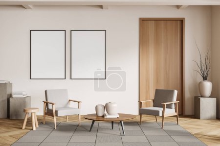 Photo for Beige living room interior, two armchairs and coffee table, stand with decoration, carpet on hardwood floor. Two mock up blank posters. 3D rendering - Royalty Free Image