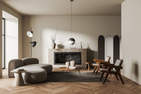 Foto de Interior de la sala de estar beige con sofá y dos sillones con mesa de centro, chimenea y decoración, alfombra en suelo de madera. Acogedora sala de reuniones con ventana. Renderizado 3D - Imagen libre de derechos