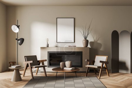 Téléchargez les photos : Beige living room interior with two armchairs, fireplace and coffee table with decoration, carpet on hardwood floor. Mock up blank poster. 3D rendering - en image libre de droit