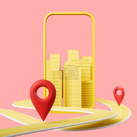 Foto de Smartphone with city buildings on pink background. Red location pin on track. Concept of online tracking and order. 3D rendering - Imagen libre de derechos