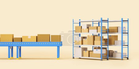 Foto de Assembly line, conveyor with cardboard boxes, shelf in warehouse. Delivery and storage of parcels on light background. Concept of sorting. 3D rendering - Imagen libre de derechos