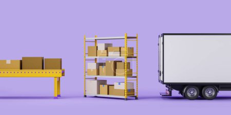 Truck and conveyor with cardboard boxes, shelf with parcels, purple background. Concept of delivery and warehouse. Mockup copy space. 3D rendering
