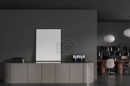 Téléchargez les photos : Dark conference interior with sideboard and business documents, mockup canvas poster and partition. Office workplace with board, armchairs and shelf. 3D rendering - en image libre de droit