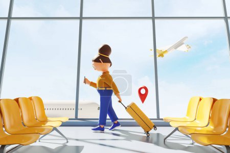 Téléchargez les photos : Cartoon woman with suitcase in waiting area of airport, navigation geo tag. Panoramic window with airplane flying. Concept of travel. 3D rendering - en image libre de droit