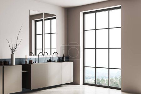 Foto de Corner view on bright bathroom interior with panoramic window, two mirrors, double sink, concrete floor, white walls, shelf with shampoo and houseplant. Concept of water treatment. 3d rendering - Imagen libre de derechos