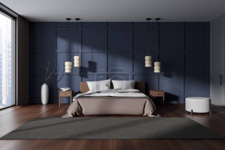 Foto de Front view on dark bedroom interior with bed, bedsides, pouf, panoramic window, oak hardwood floor, green wall. Concept of minimalist design. Space for chill and relaxation. 3d rendering - Imagen libre de derechos