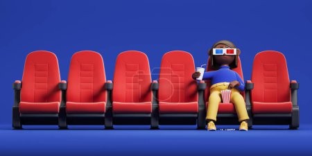Foto de Mujer de dibujos animados africanos en silla de teatro rojo, maíz pop y bebida en la mano. Espectador en gafas 3D viendo una película. Concepto de cine e inmersión. Renderizado 3D - Imagen libre de derechos