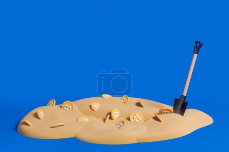 Photo for Shovel in sand with golden bitcoins on empty copy space blue background. Concept of mining and hack. 3D rendering - Royalty Free Image
