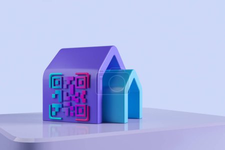 Foto de Casa abstracta en el podio y el código QR degradado sobre fondo púrpura. Concepto de pago en línea para alquiler e hipoteca. Renderizado 3D - Imagen libre de derechos