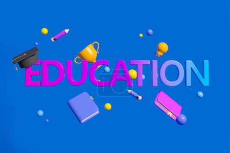 Photo for Gradient education sign with books, graduation cap and champion cup floating on blue background. Concept of knowledge and studies. 3D rendering - Royalty Free Image
