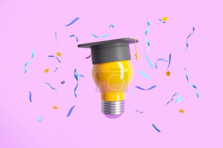 Photo for Graduation cap on big yellow light bulb with colorful falling confetti, purple background. Concept of idea and celebration. 3D rendering - Royalty Free Image