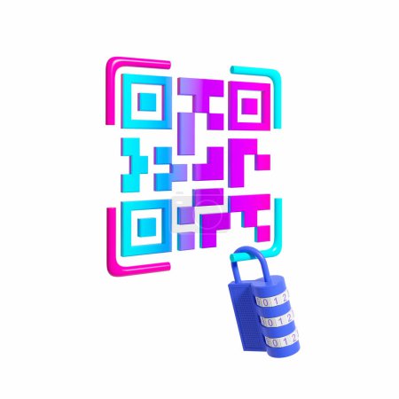 Photo for Big gradient QR code, side view with padlock on empty white background. Concept of protection and code for access. 3D rendering - Royalty Free Image