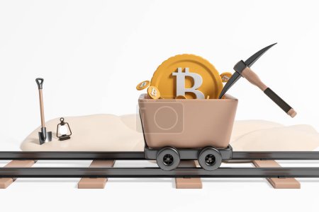 Photo for Cartoon mining cart on rails with bitcoins and pickaxe, shovel with lamp in the sand. Concept of mining, earning and income. 3D rendering - Royalty Free Image