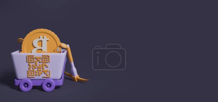 Téléchargez les photos : Cartoon mining cart with QR code and bitcoins with pickaxe, empty copy space dark background. Concept of mining and internet money. 3D rendering - en image libre de droit