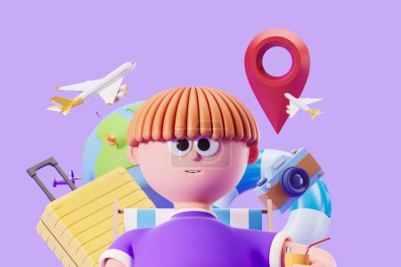 Téléchargez les photos : Cartoon man and different travel icons on purple background. Suitcase, airplane, camera and earth globe. Concept of dreams and tourism. 3D rendering - en image libre de droit