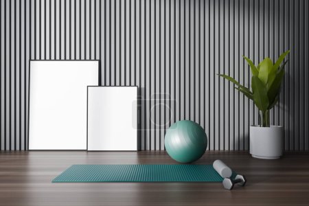 Photo for Dark gym class interior with mat and fitball with dumbbells on hardwood floor. Sport room with minimalist equipment. Two mock up canvas posters. 3D rendering - Royalty Free Image
