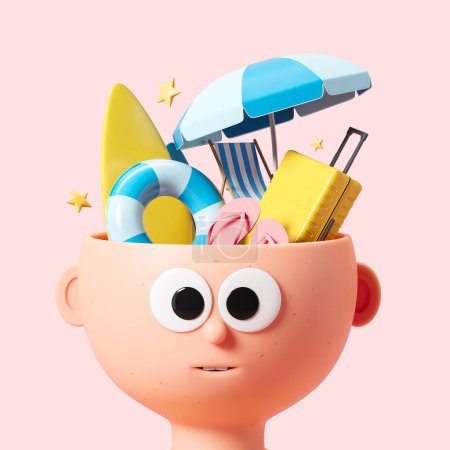 Photo for Cartoon man head with different beach accessories on pink background. Concept of vacation and travel. 3D rendering - Royalty Free Image