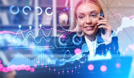Photo for Happy businesswoman calling on the phone, double exposure colorful forex analysis hud, stock market candlesticks and business data dashboard. Concept of consulting - Royalty Free Image