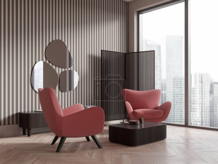 Téléchargez les photos : Stylish living room interior with two armchairs, side view coffee table and partition on hardwood floor. Panoramic window on skyscrapers. 3D rendering - en image libre de droit