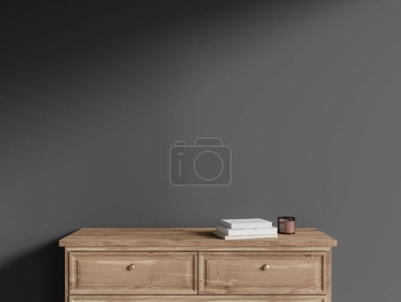 Photo for Dark gallery room interior with empty grey wall with sideboard, books, candle. Concept of spacious place made for creative idea and art exhibition. 3d rendering - Royalty Free Image