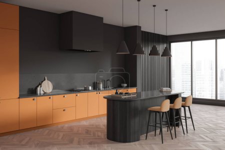 Téléchargez les photos : Black and orange kitchen interior with bar island and stool, side view hardwood floor. Cooking corner with shelves and panoramic window on skyscrapers. 3D rendering - en image libre de droit