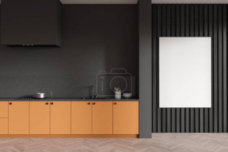 Photo for Modern kitchen interior with cooking area with sink and cabinet, hardwood floor. Mockup canvas poster on black wooden wall. 3D rendering - Royalty Free Image